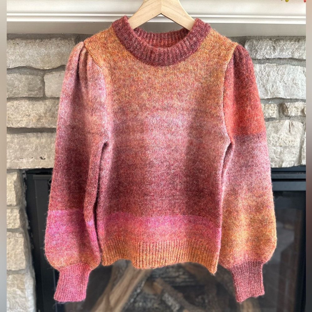 Alison Joy Kayla Puff Sleeve Pullover sweater pink orange ombré size XS